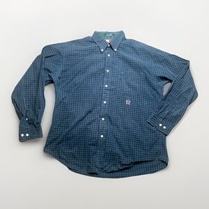 Tommy Hilfiger Mens XL Plaid Button Down Shirt Navy Green Crest Logo Vintage 90s